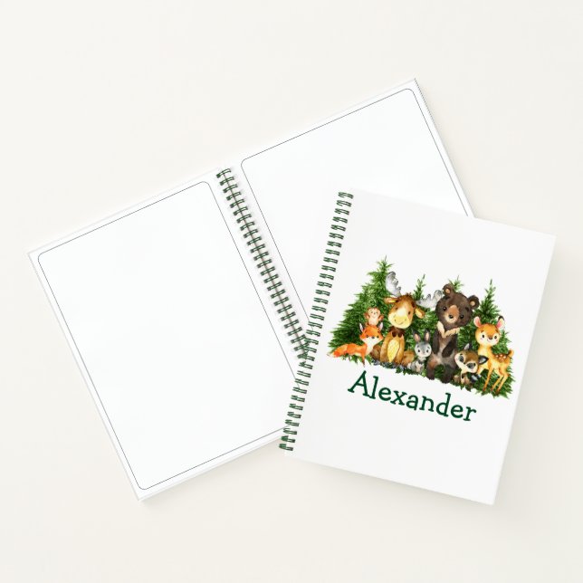 Watercolor Forest Animals Green Pines Drawing Notebook (Inside)