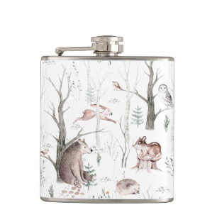 Watercolor Forest Animals Hip Flask