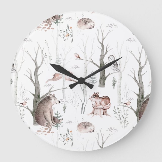 Watercolor Forest Animals Large Clock (Front)
