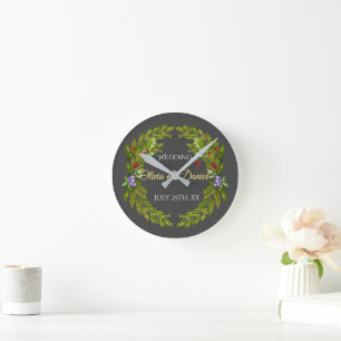 Watercolor forest berries and mushrooms wedding wr round clock