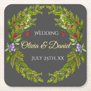 Watercolor forest berries wedding wreath square paper coaster