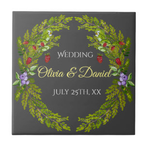 Watercolor forest berries wedding wreath tile