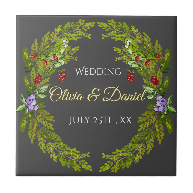Watercolor forest berries wedding wreath tile (Front)