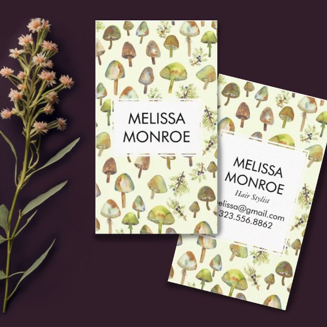 Watercolor Forest Botanical Fungi Mushrooms Nature Business Card (Watercolor mushrooms pattern on this customizable business card)