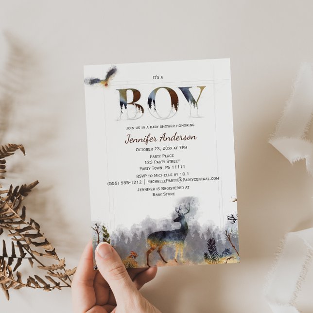 Watercolor Forest Boy Country Deer Baby Shower Invitation (Creator Uploaded)