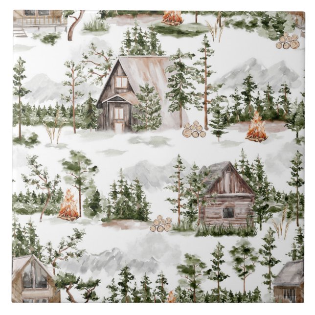 Watercolor Forest Cabin Pattern Tile (Front)