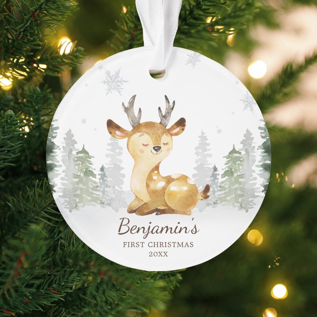Watercolor Forest Deer Baby's First Christmas Ornament (Creator Uploaded)