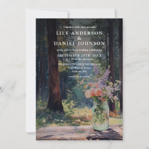 Watercolor Forest Floral Boho Mason Jar Wedding Invitation