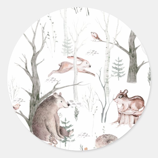 Watercolor Forest Friends Baby Shower Classic Round Sticker (Front)