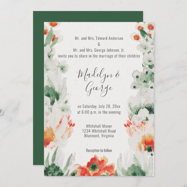 Watercolor Forest Green, Orange, White Wedding Invitation (Front/Back)