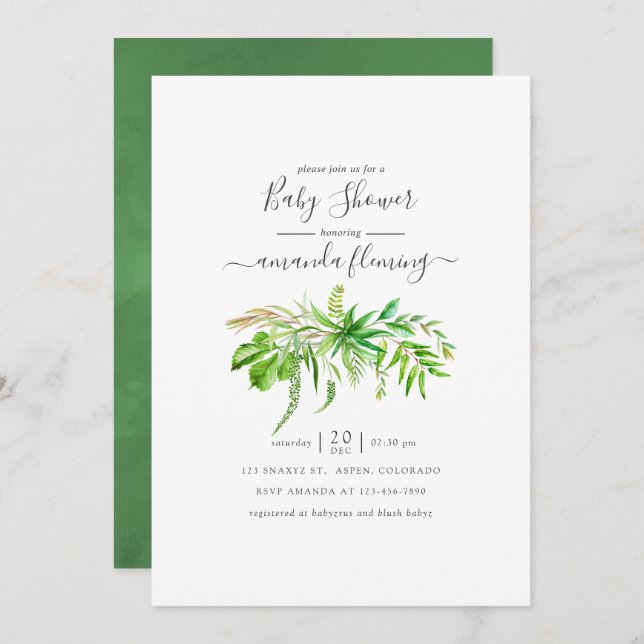 Watercolor Forest Greenery Baby Shower Invitation (Front/Back)