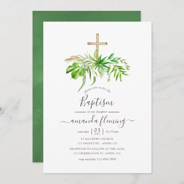 Watercolor Forest Greenery Baptism Invitation (Front/Back)