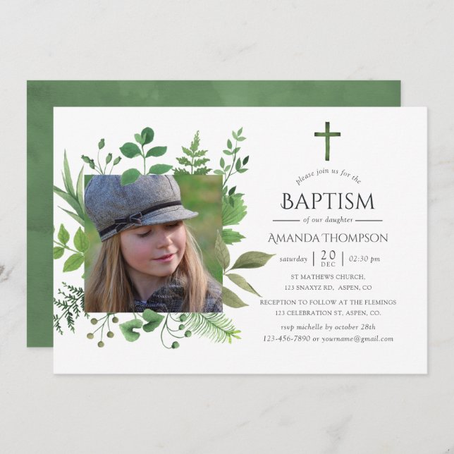 Watercolor Forest Greenery Baptism or Christening Invitation (Front/Back)