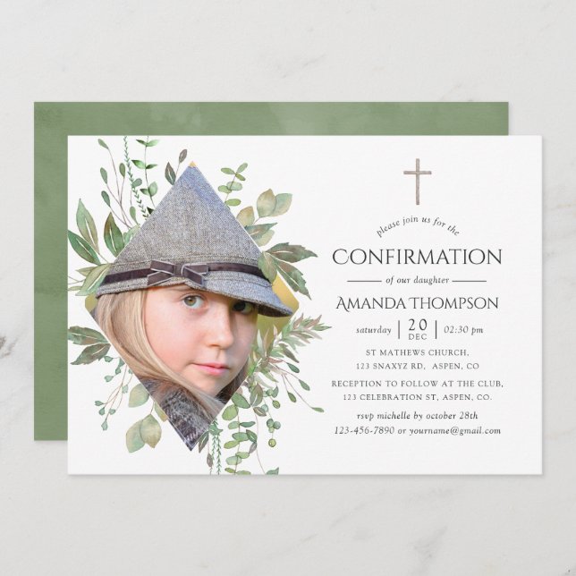 Watercolor Forest Greenery Confirmation Invitation (Front/Back)