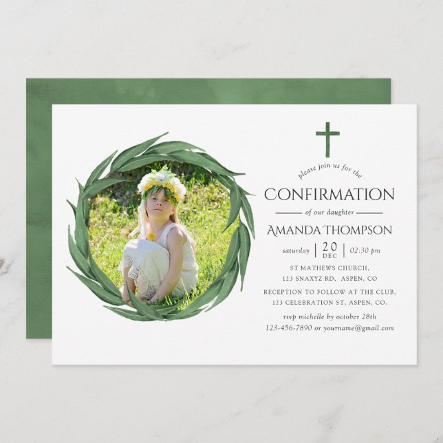 Watercolor Forest Greenery Confirmation Invitation (Front/Back)