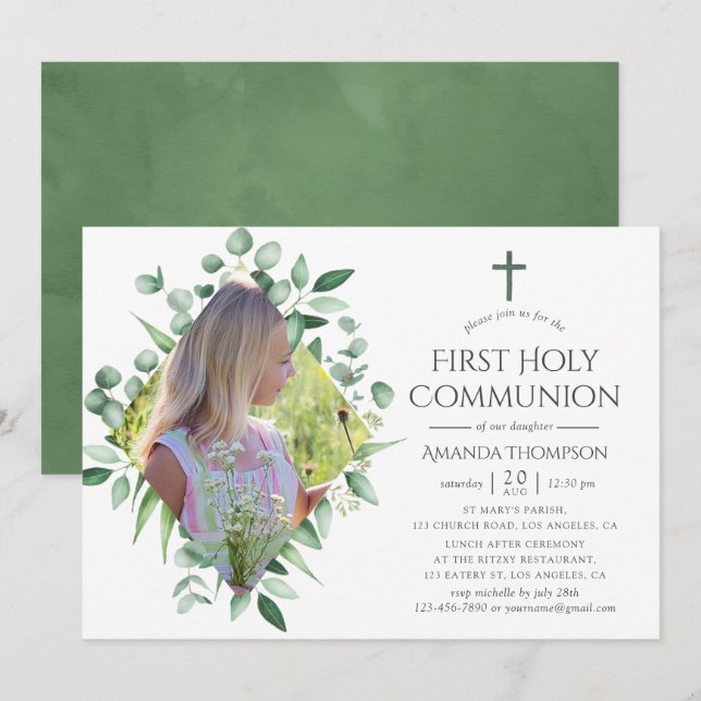 Watercolor Forest Greenery First Holy Communion Invitation (Front/Back)