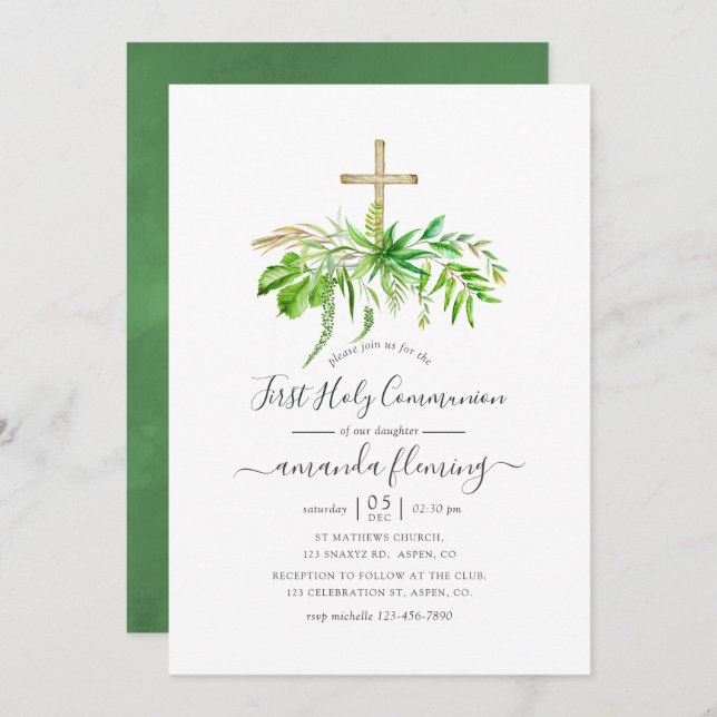 Watercolor Forest Greenery First Holy Communion Invitation (Front/Back)