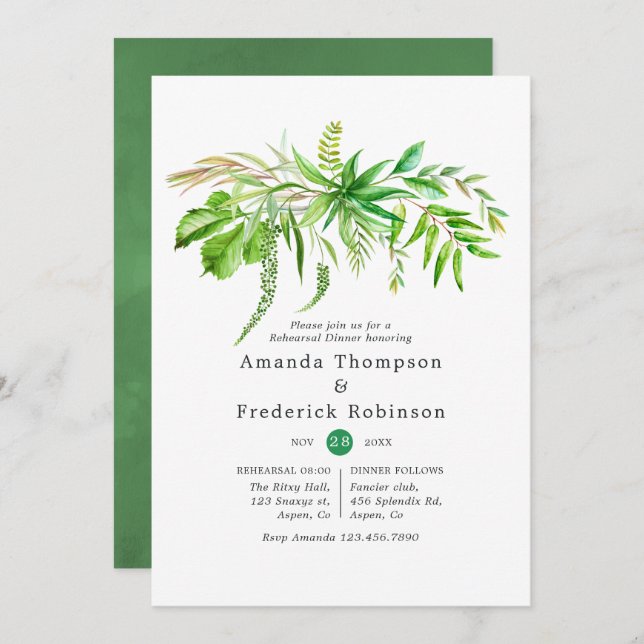 Watercolor Forest Greenery Rehearsal Dinner Invitation (Front/Back)