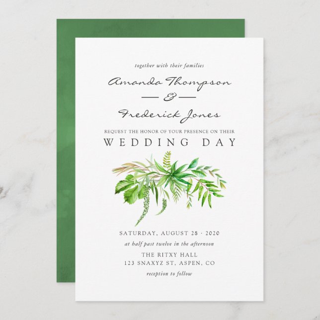 Watercolor Forest Greenery Wedding Invitation (Front/Back)