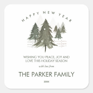 Watercolor Forest Happy New Year Square Sticker
