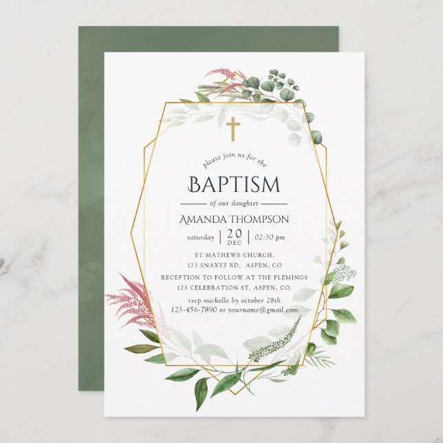 Watercolor Forest Herbarium Geometric Baptism Invitation (Front/Back)