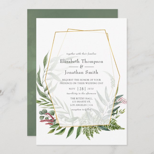 Watercolor Forest Herbarium Geometric Wedding Invitation (Front/Back)