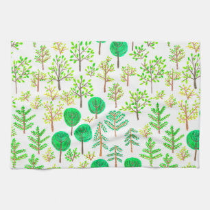 Watercolor forest in doodle style tea towel