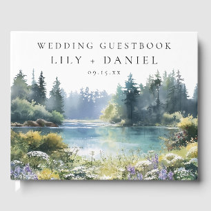 Watercolor Forest Lakeside Floral Wedding Photo Guest Book