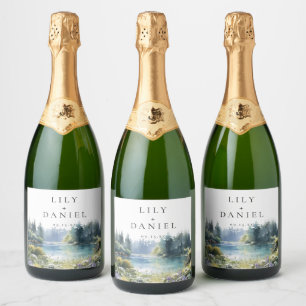 Watercolor Forest Lakeside Wildflower Wedding Sparkling Wine Label