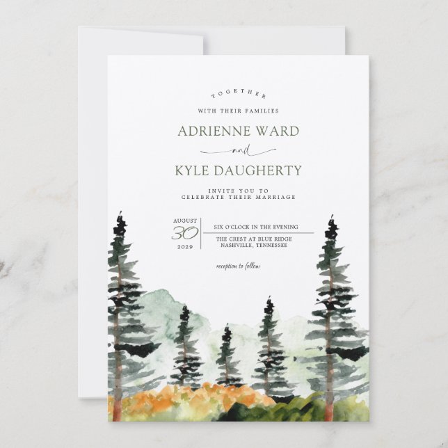 Watercolor Forest Landscape Mountain Wedding Invit Invitation (Front)