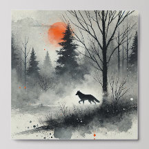Watercolor Forest Landscape with Fox