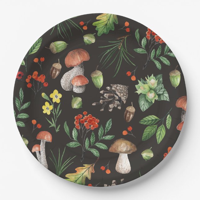 Watercolor Forest Leaves Mushrooms Flowers | Paper Plate (Front)