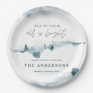 Watercolor forest minimal blue christmas party paper plate