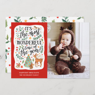 Watercolor Forest Most Wonderful Time Red Photo Holiday Card
