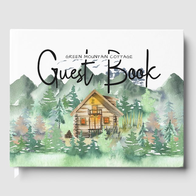 Watercolor Forest Mountain Cabin Guest Book (Front)