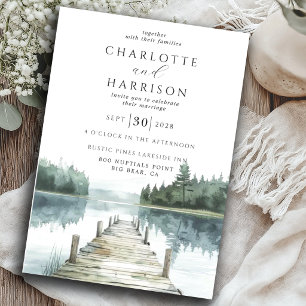 Watercolor Forest Mountain Lake Wedding Invitation