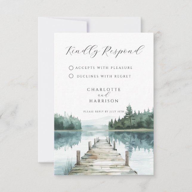 Watercolor Forest Mountain Lake Wedding RSVP Card (Front)