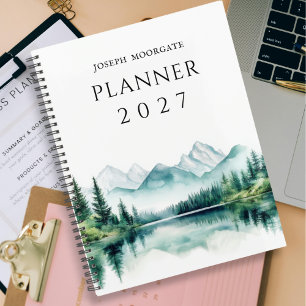 Watercolor Forest Mountains & Lake Green & Blue Planner