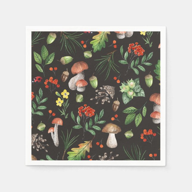 Watercolor Forest Mushrooms Leaves Flowers | Napkin (Front)