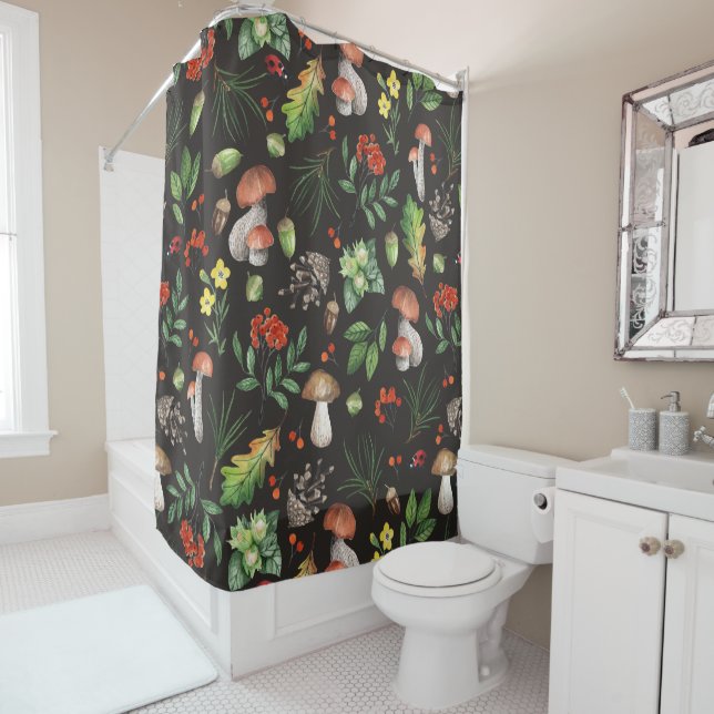 Watercolor Forest Mushrooms Leaves Flowers | Shower Curtain (In Situ)