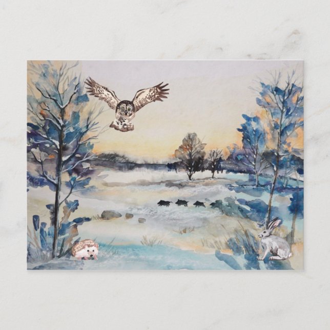 Watercolor Forest Owl Rabbit Winter Landscape Postcard (Front)