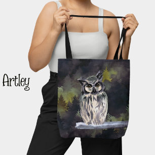 Watercolor forest owl tote bag, snowy owl tote bag