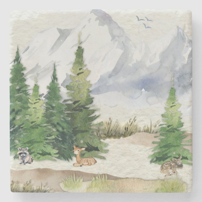 Watercolor Forest Peaceful Nature Stone Coaster (Front)