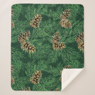 Watercolor Forest Pine Needles Cones Trees Nature  Sherpa Blanket