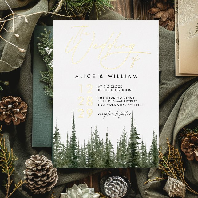 Watercolor Forest Pine Trees Rustic Wedding (Watercolor Forest Pine Trees Rustic Wedding Foil Invitation)