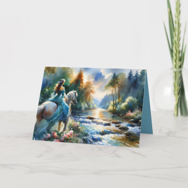Watercolor Forest River Horsewoman Dreamscape Card (Front)
