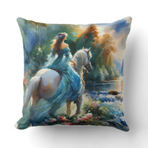 Watercolor Forest River Horsewoman Dreamscape