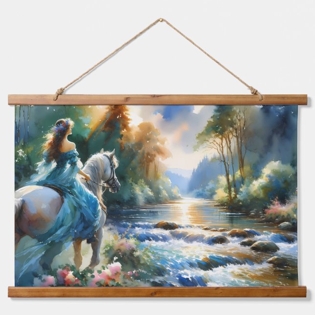 Watercolor Forest River Horsewoman Dreamscape Hanging Tapestry (Front)