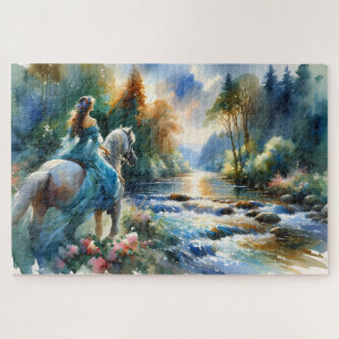 Watercolor Forest River Horsewoman Dreamscape Jigsaw Puzzle