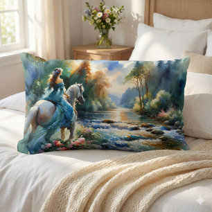 Watercolor Forest River Horsewoman Dreamscape Lumbar Cushion
